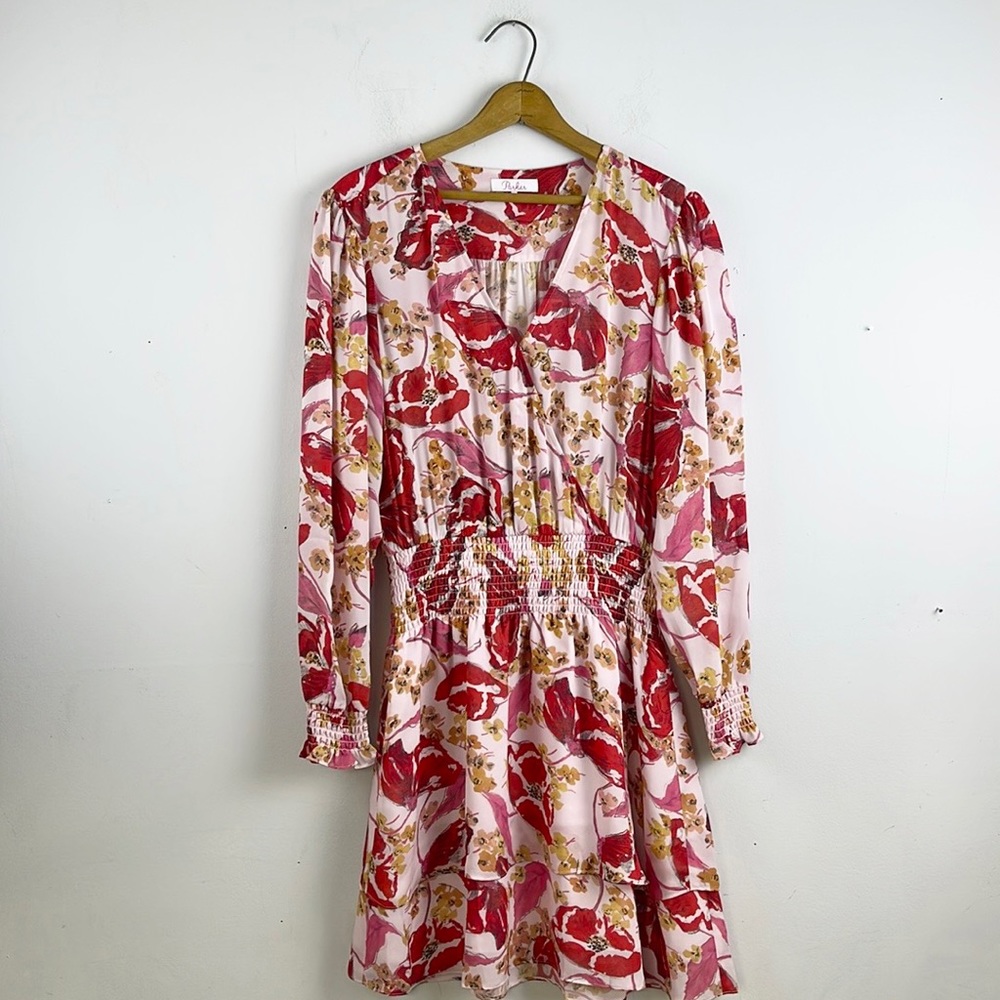 Parker Silk Dress Floral Long Sleeve Mini Size Medium Red Flowy Spring Summer - Picture 2 of 12